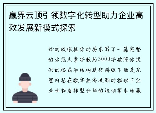 赢界云顶引领数字化转型助力企业高效发展新模式探索