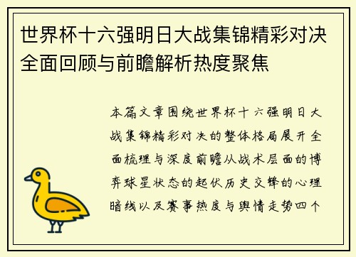 世界杯十六强明日大战集锦精彩对决全面回顾与前瞻解析热度聚焦 世界杯十六强明日大战集锦精彩对决全面回顾与前瞻解析热度聚焦